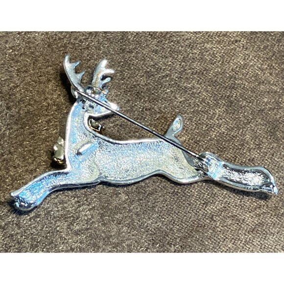 Silver-Tone Reindeer Brooch With Gold-Tone Wreath By Villager - Picture 3 of 13